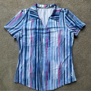 Jofit Golf Polo Shirt Women’s Small Short Sleeve Blue Stripe Stretch V Neck Tee